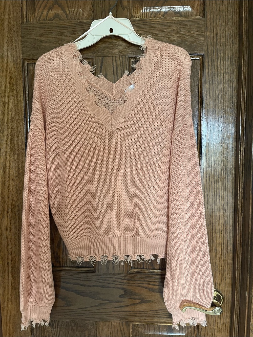 Freshman Distressed V-Neck Sweater - Blush Pink
